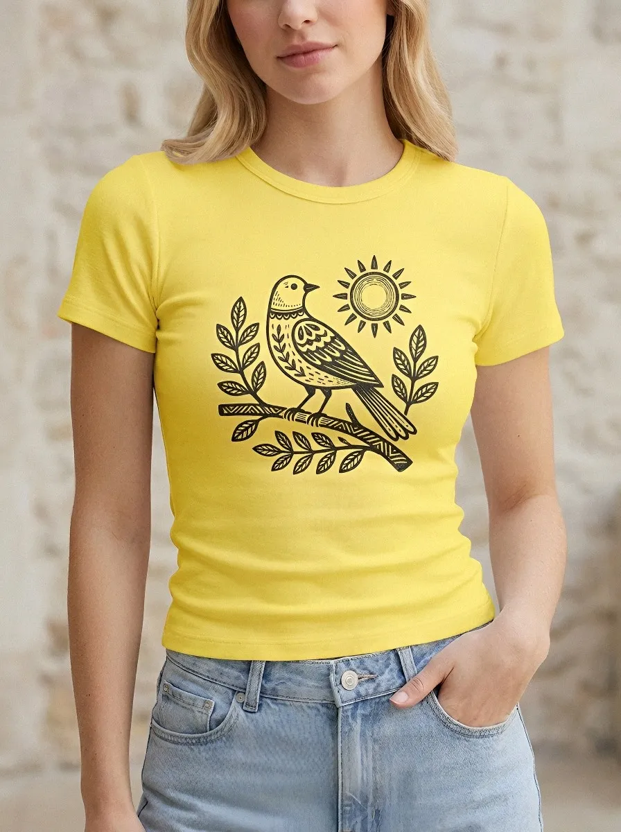 Women's Nature Lover Bird Sun Branch Printed T-shirt