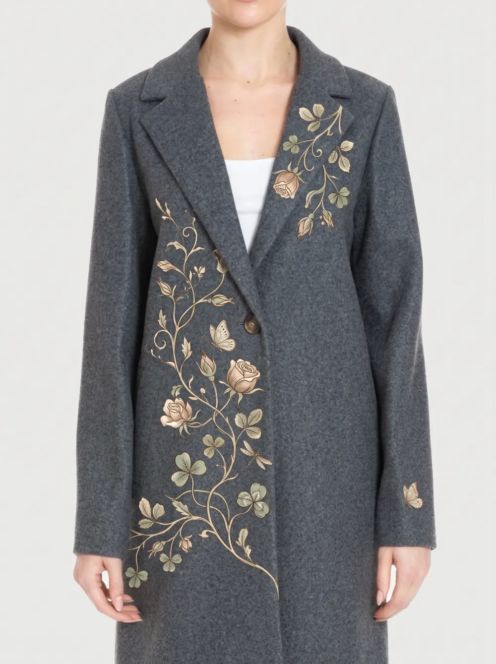 Women's Floral Butterfly Botanical Printed Wool Coat