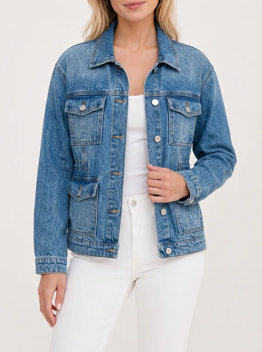 Women's Vintage Blue Denim Multi-Pocket Buttoned Jacket