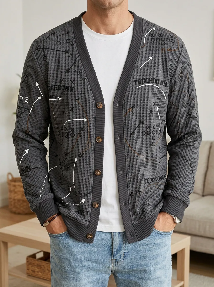 Men's Football Fan Touchdown Playbook Printed Waffle Cardigan