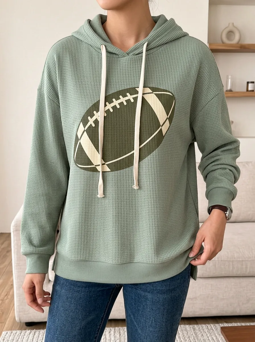 Women's Football Fan Sage Green Waffle Printed Hoodie