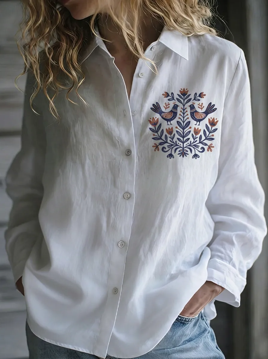 Women's Folk Art Bird Floral Printed Button-Down Shirt