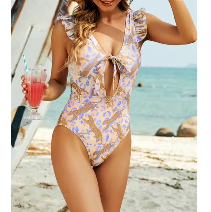 Women's Ruffled Cutout Animal-Print One-Piece Swimsuit