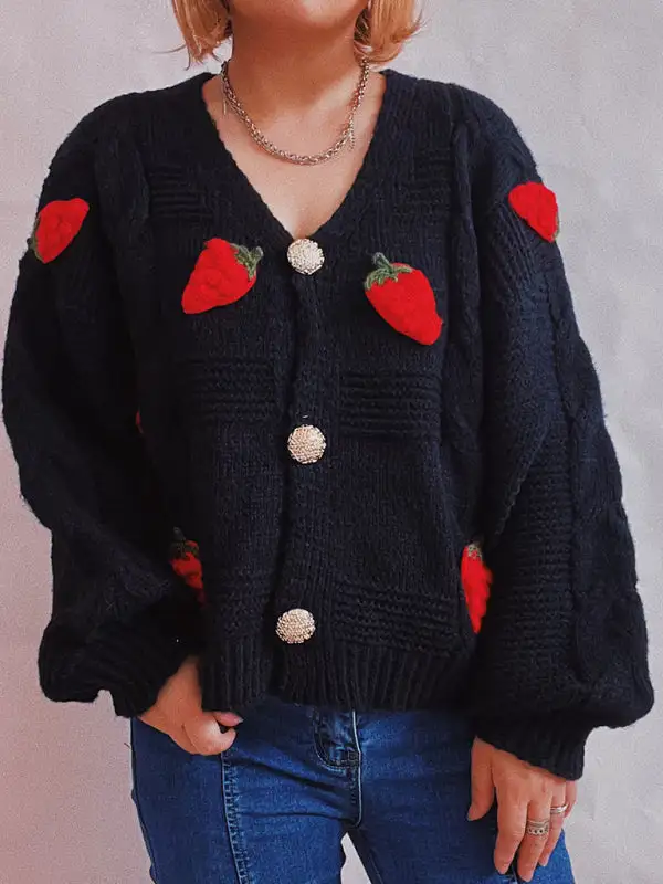 Single-Breasted Relaxed Knit Embroidered Cardigan