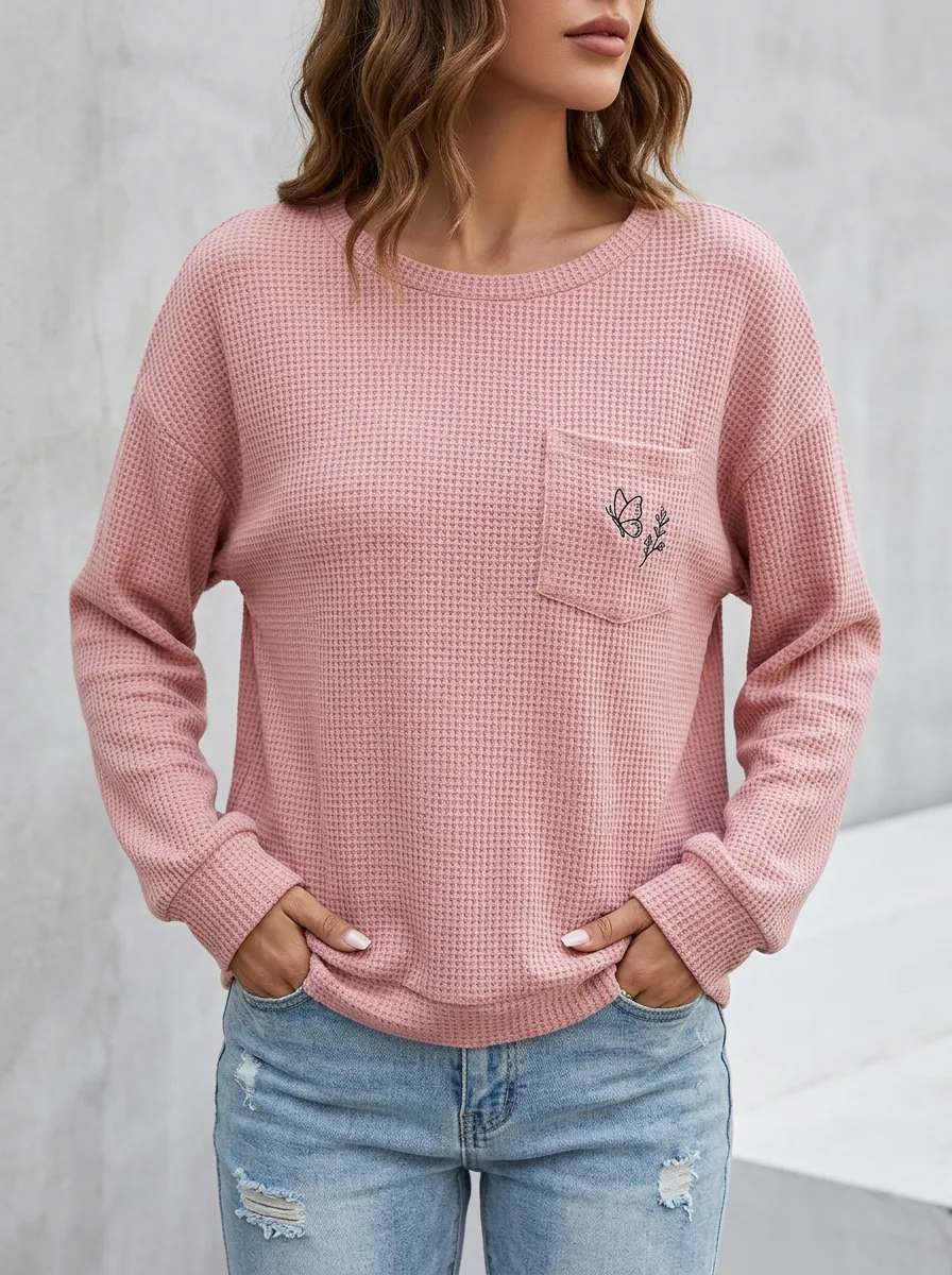 Women's Pink Butterfly Floral Pocket Printed Waffle Knit Top