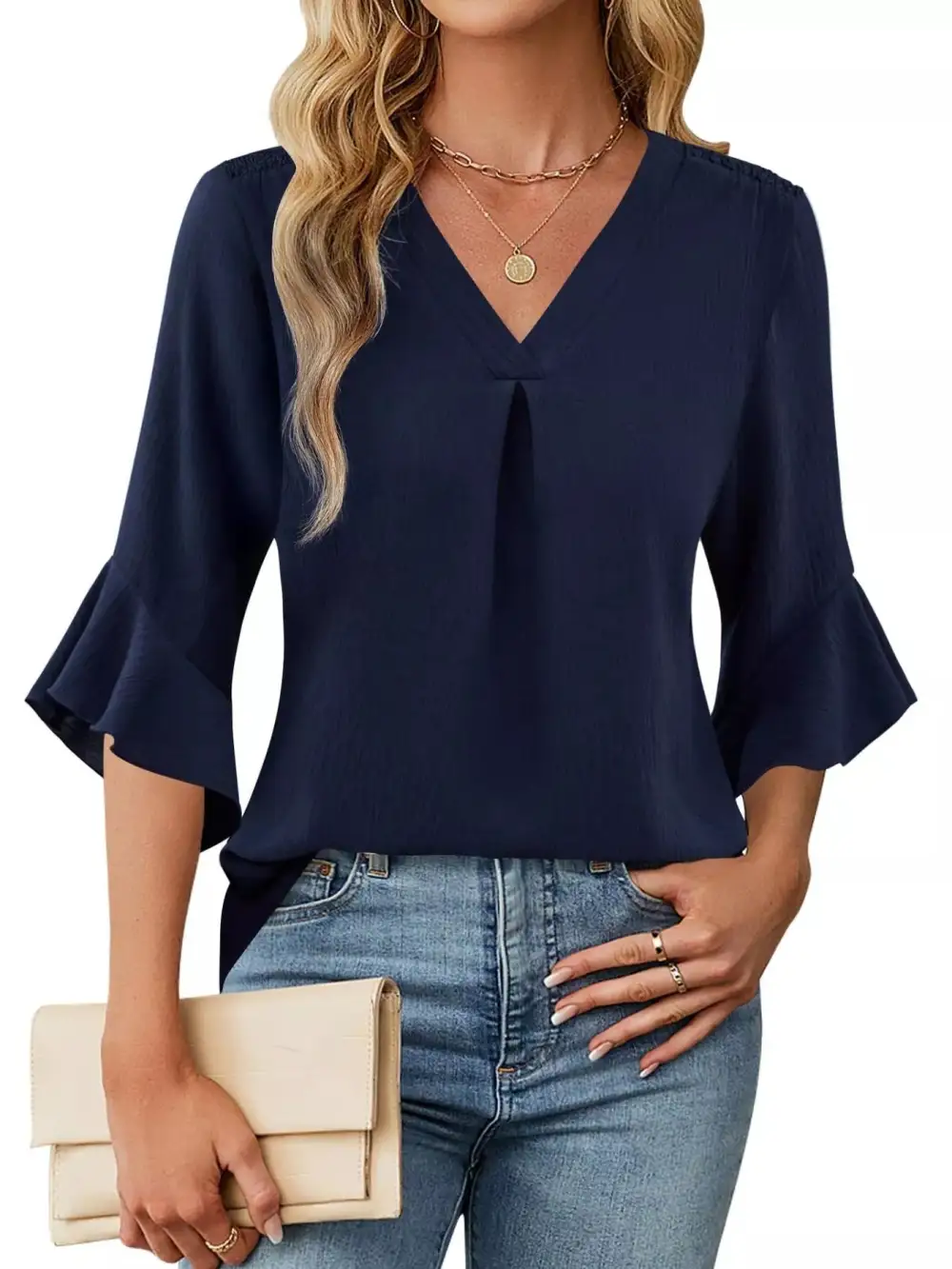 V Neck Ruffle Sleeve Blouse