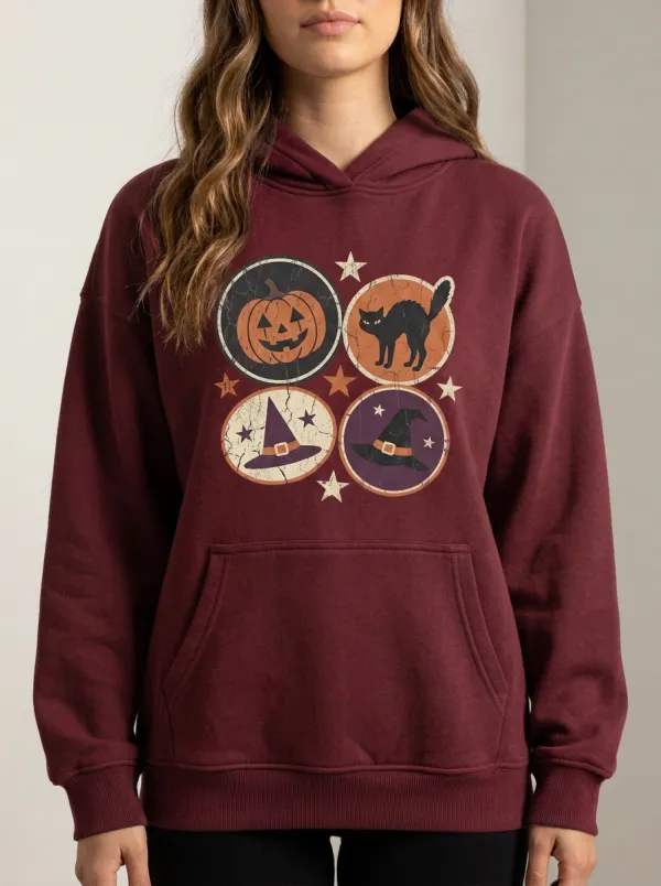 Women's Halloween Pumpkin Cat Witch Hat Printed Hoodie