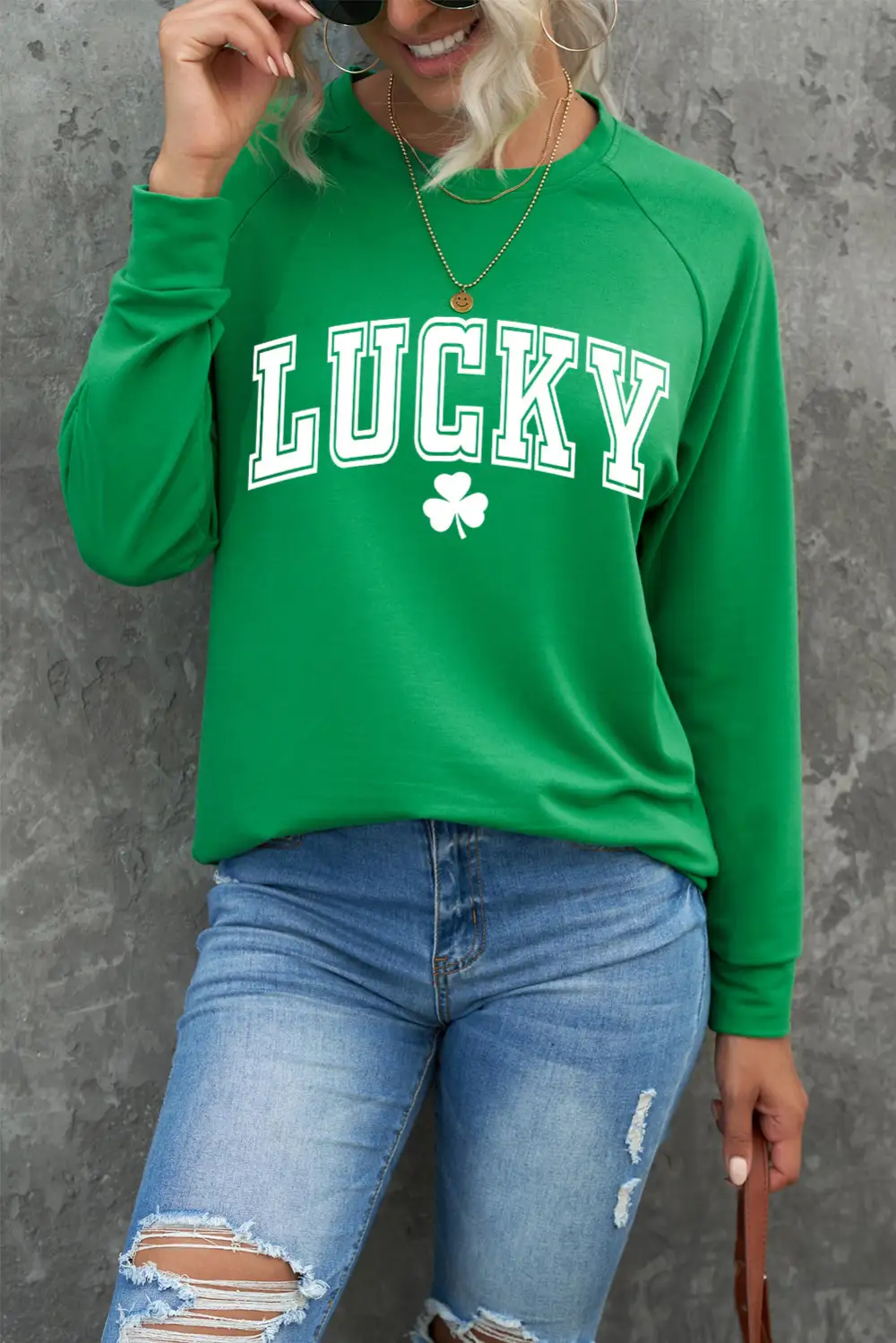 St Patricks LUCKY Clover Print Raglan Sleeve Sweatshirt