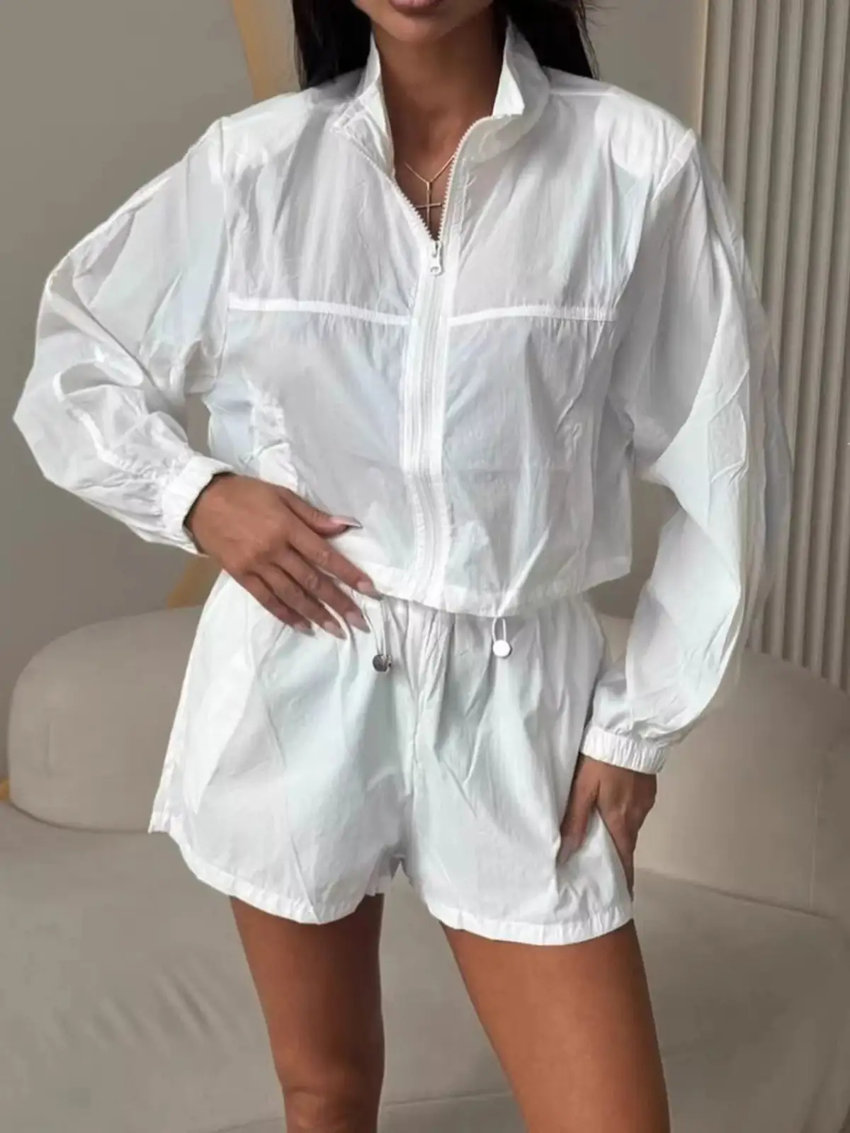 Relaxed Drawstring Zip-Detail Pocketed Top and Shorts Matching Set
