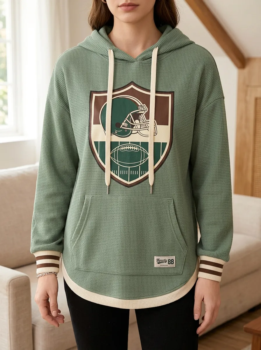 Women's American Football Shield Printed Waffle Knit Hoodie