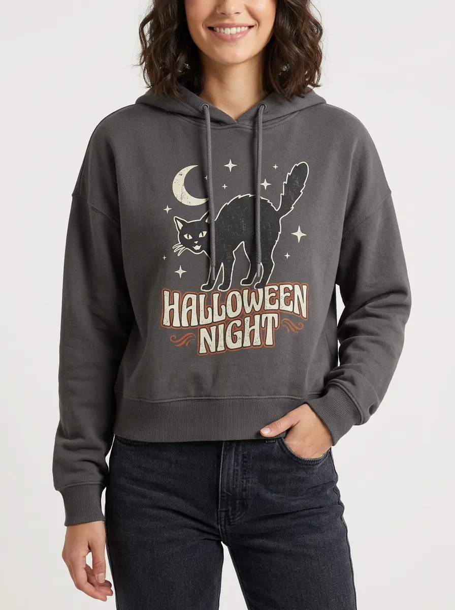 Women's Halloween Night Black Cat Moon Stars Printed Hoodie