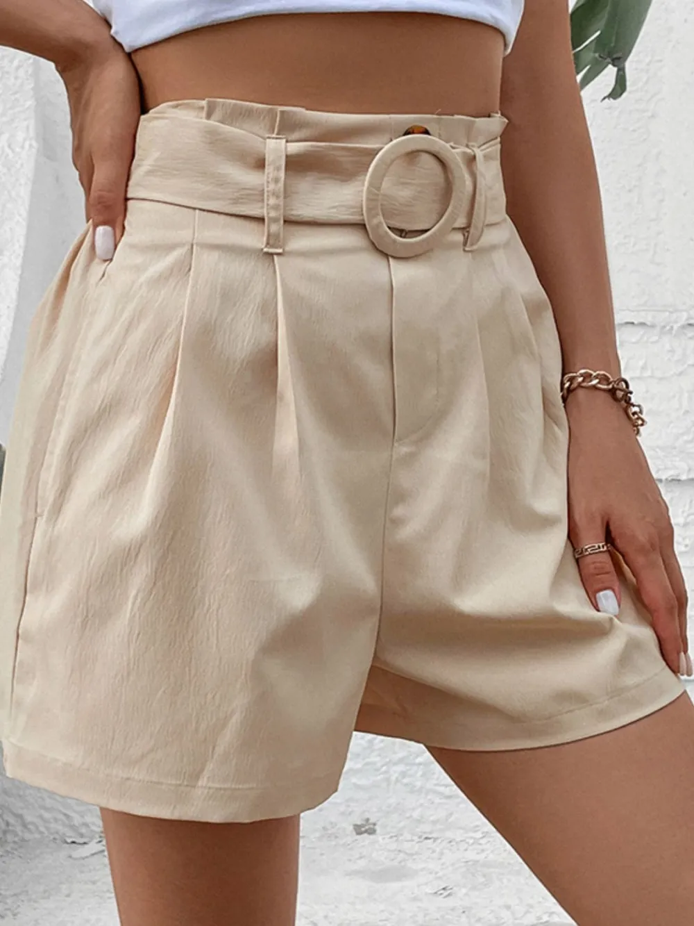Polyester Belted Shorts With Pockets