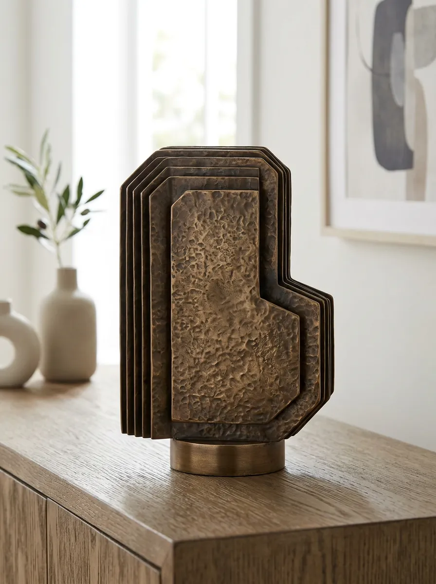 Minimalist Abstract Bronze Hammered Metal Sculpture