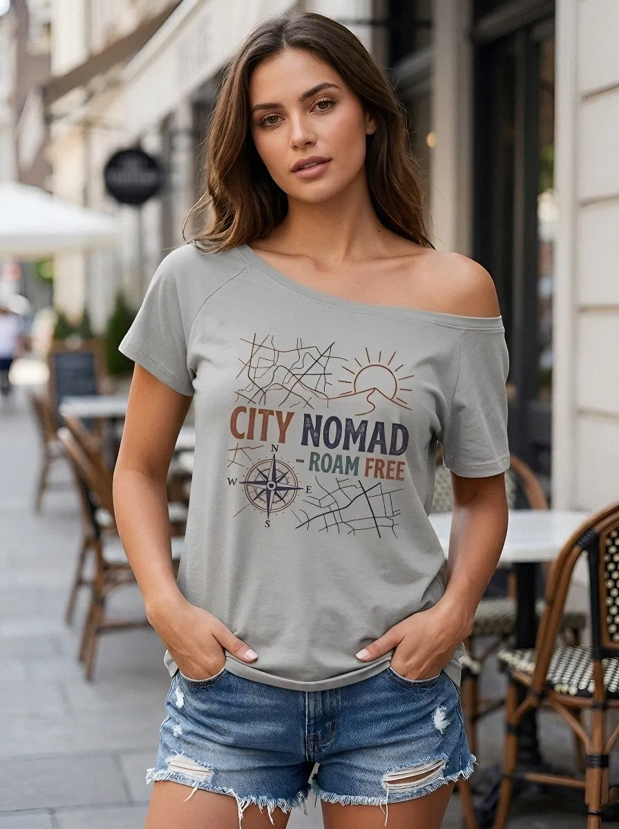 Women's City Nomad Travel Compass Map Printed Off-Shoulder T-shirt