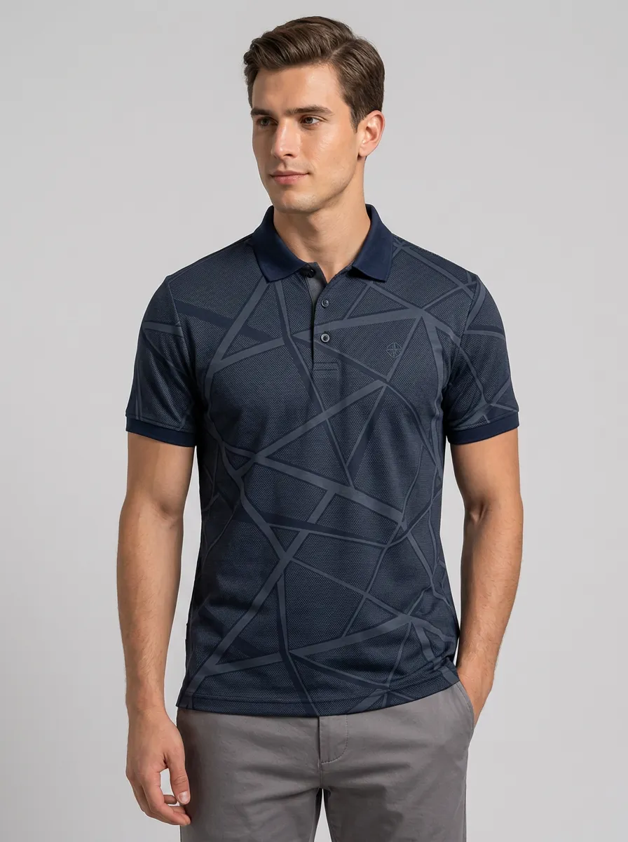 Men's Geometric Pattern Navy Printed Polo Shirt
