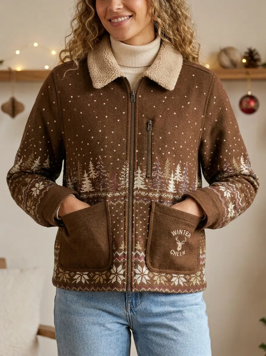 Christmas Winter Cheer Reindeer Forest Print Fleece Jacket