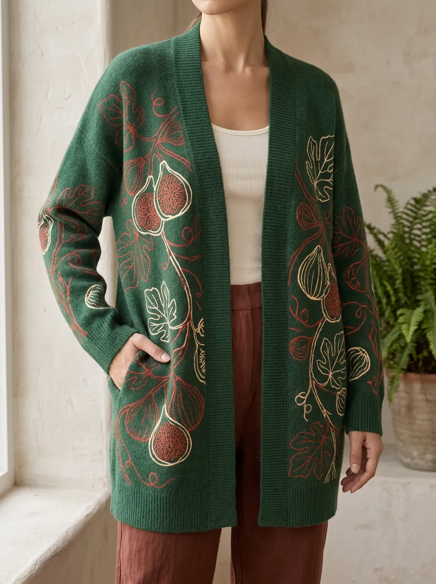 Women's Botanical Fig Fruit Printed Cardigan