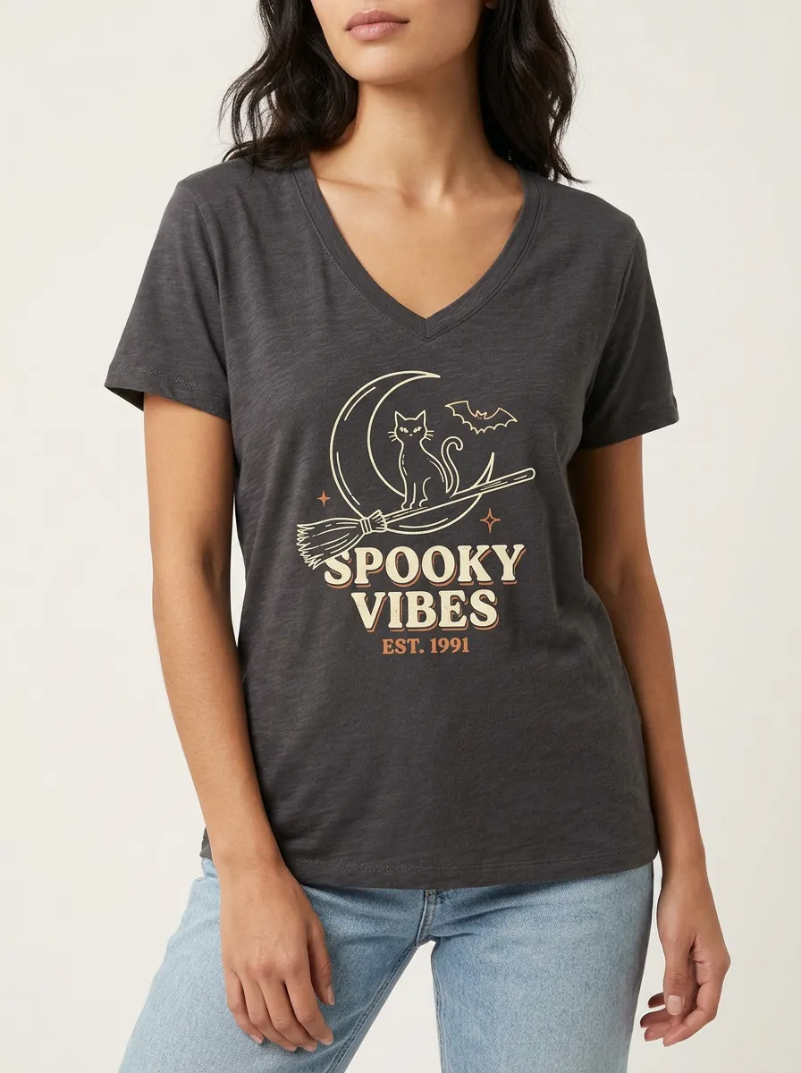 Women's Halloween Spooky Vibes Cat Moon Broom Printed V-Neck T-Shirt