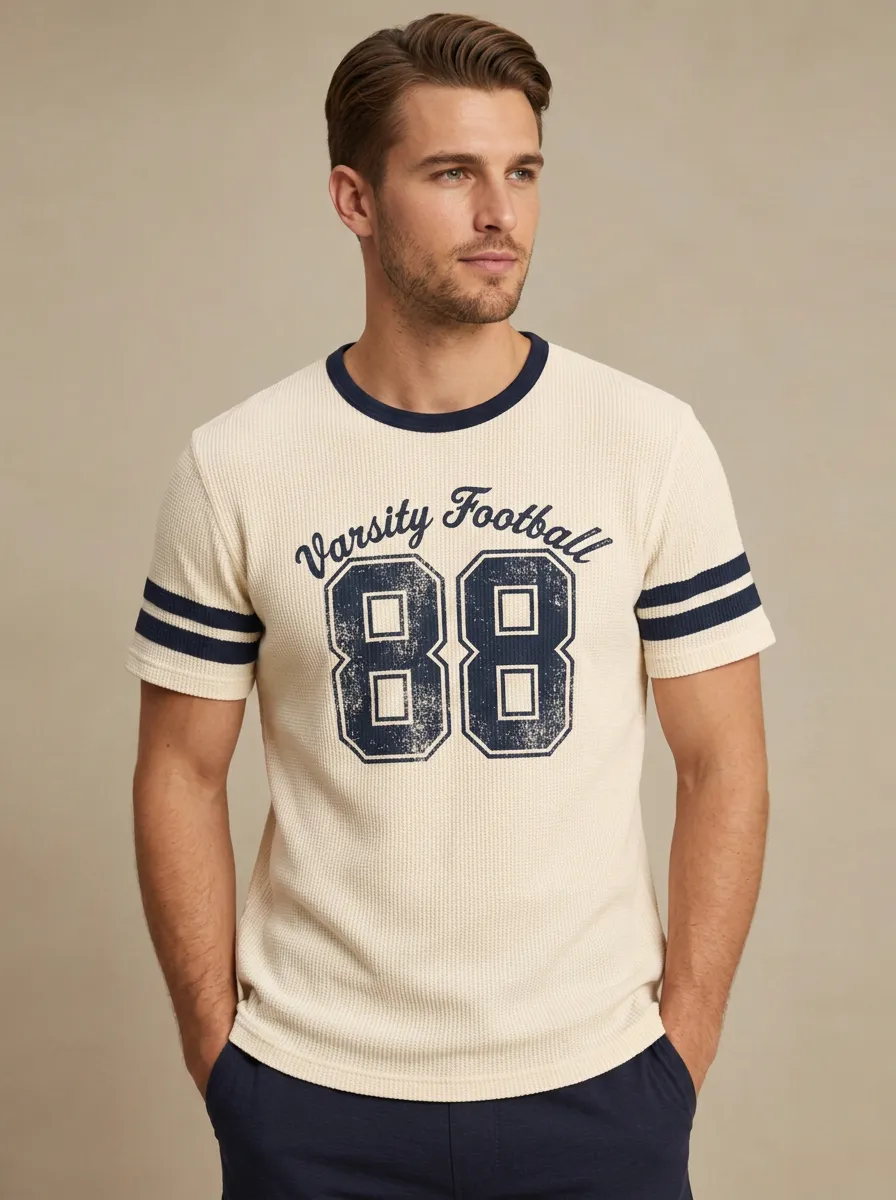 Men's Varsity Football 88 Number Printed Waffle Knit T-shirt