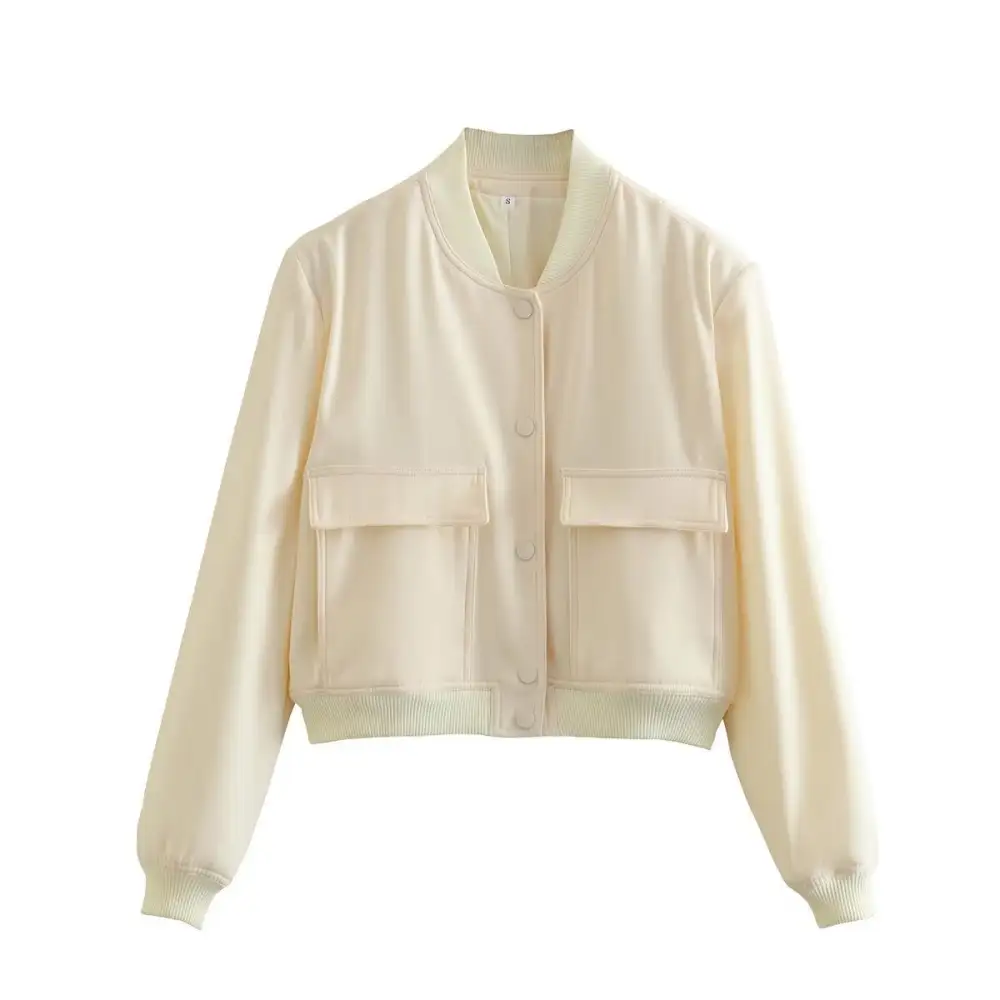 Cropped Snap Front Patch Pocket Ribbed Trim Bomber Jacket