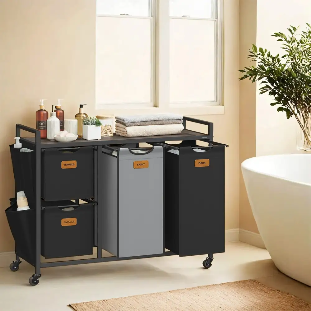 Shelved Rolling Divided Laundry Sorting Hamper