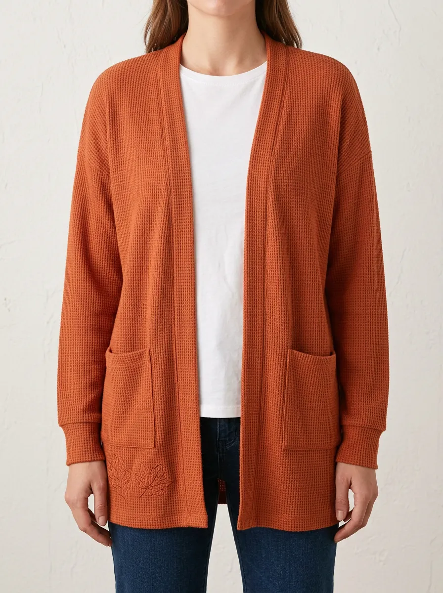 Classic Maple-Leaf Embroidered Waffle-Knit Knit Cardigan