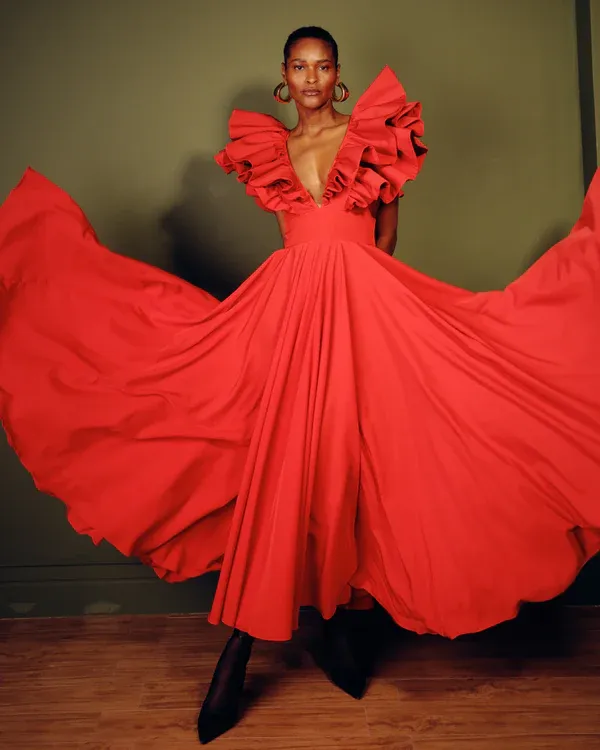 Vestido Longo com Babados Estruturados In Red
