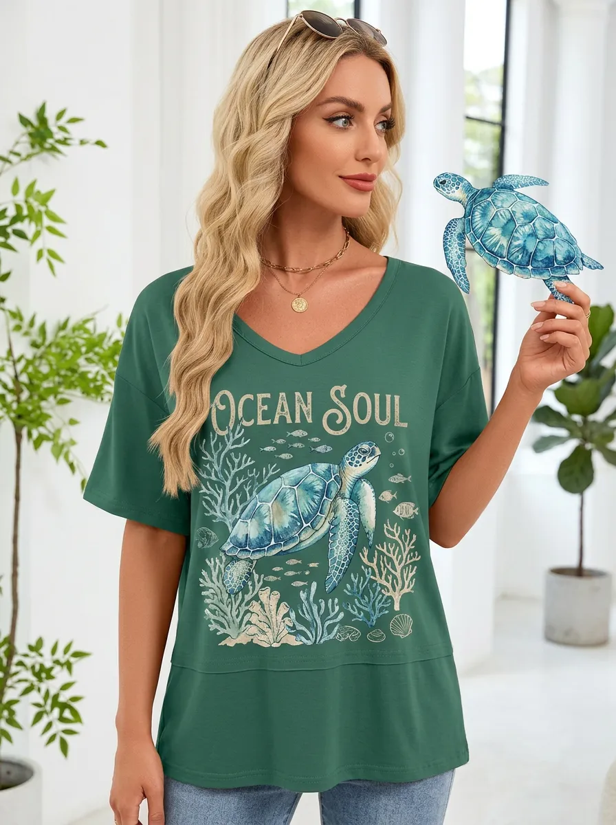 Women's Ocean Soul Sea Turtle Coral Reef Printed V-neck T-shirt