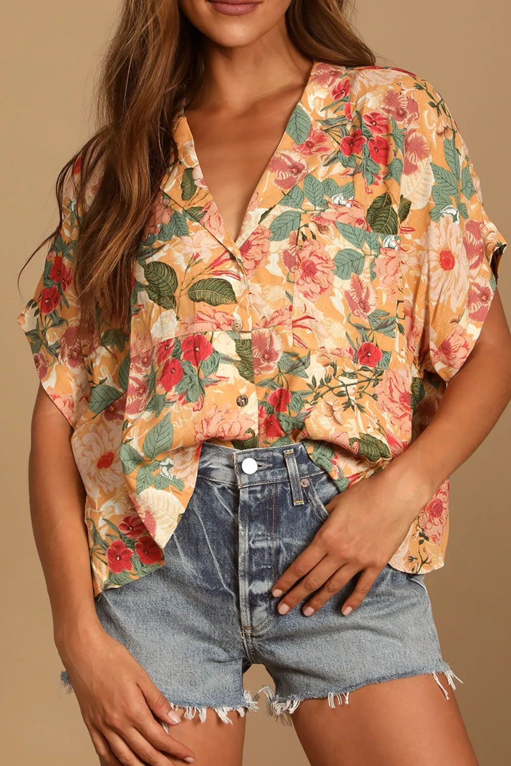 Casual Style Floral Print Button-Up Short Sleeve Top