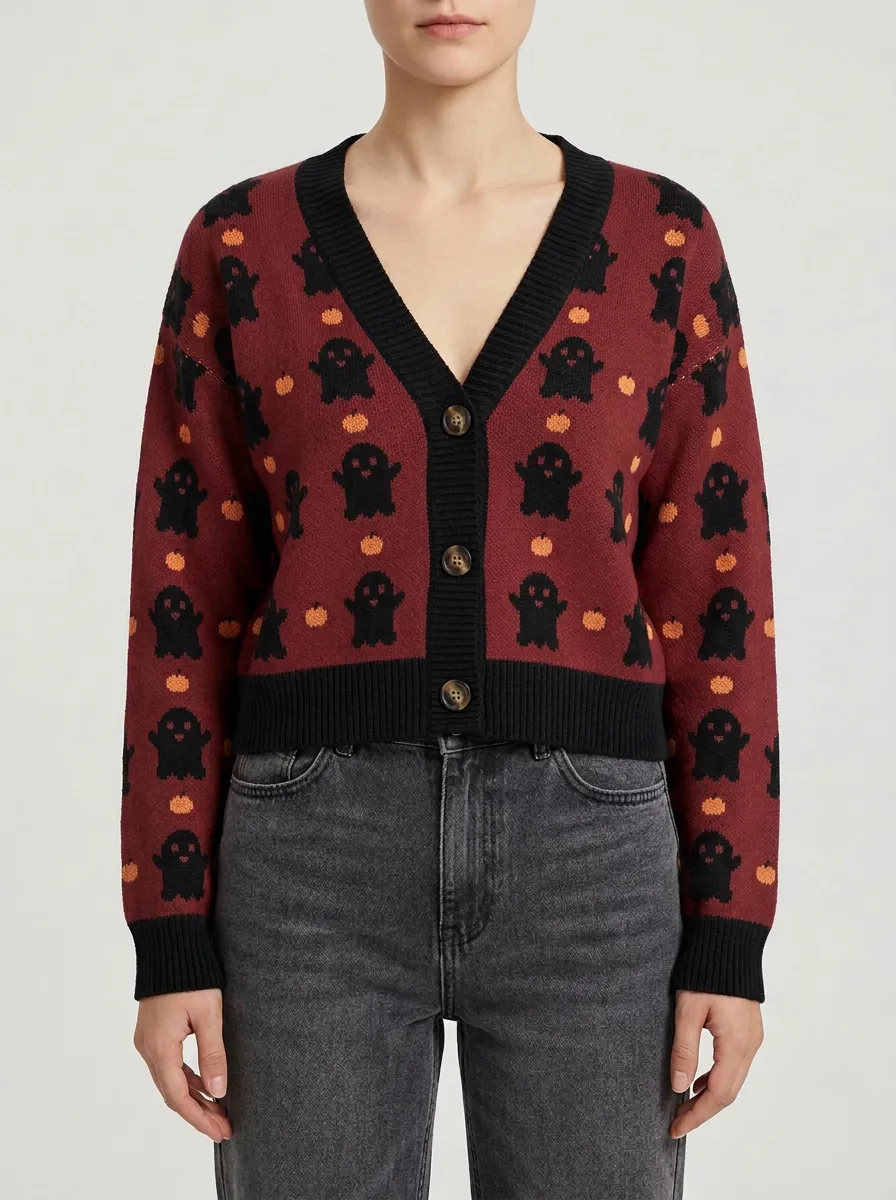 Women's Festive Ghost Pumpkin Halloween Knit Cardigan