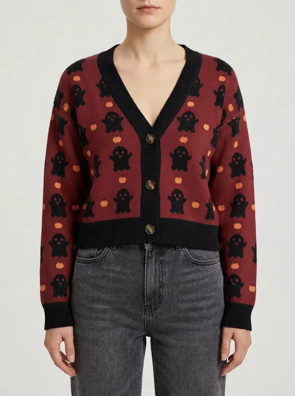 Women's Festive Ghost Pumpkin Halloween Knit Cardigan