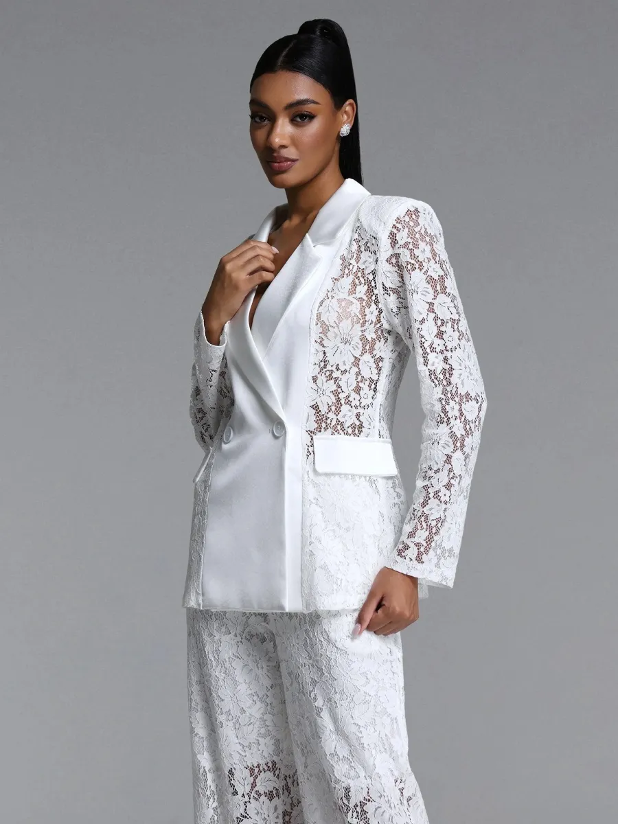 Elara  Lace Satin-Trimmed Blazer & Wide-Leg Pant Suit