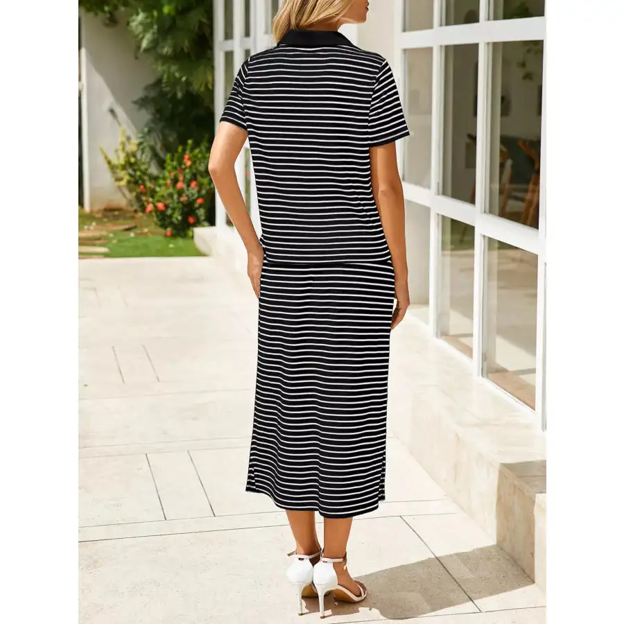 Modern Striped Polo Collar Top And Slit Skirt Two-Piece