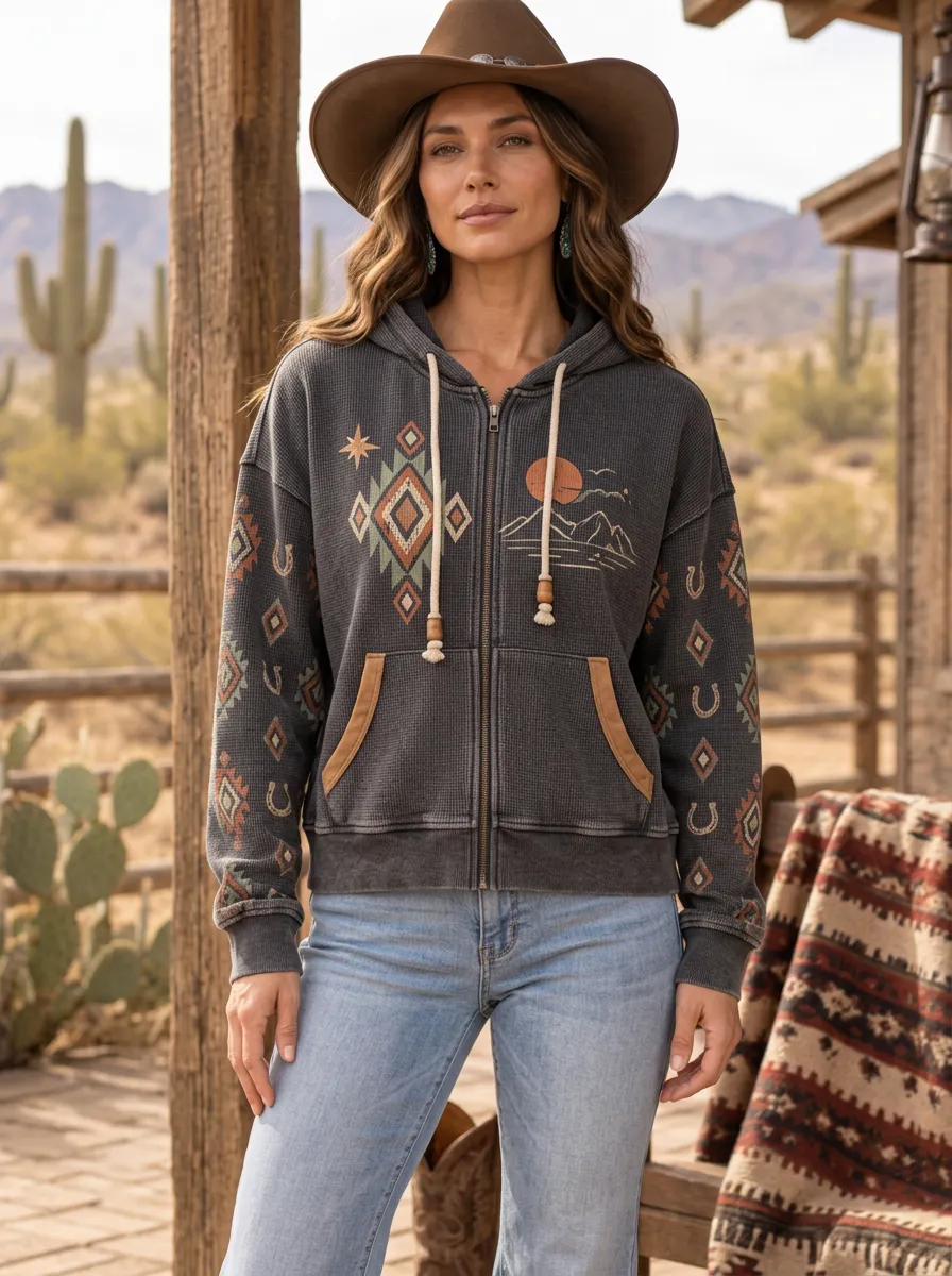 Women's Western Desert Mountain Horseshoe Printed Zip-up Hoodie