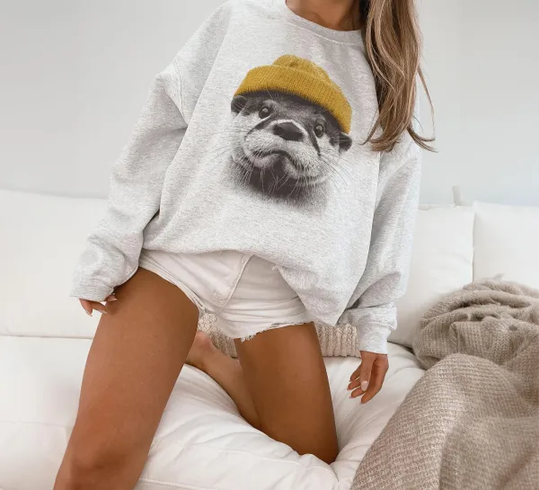 Retro River Otter Wearing Beanie Sweatshirt