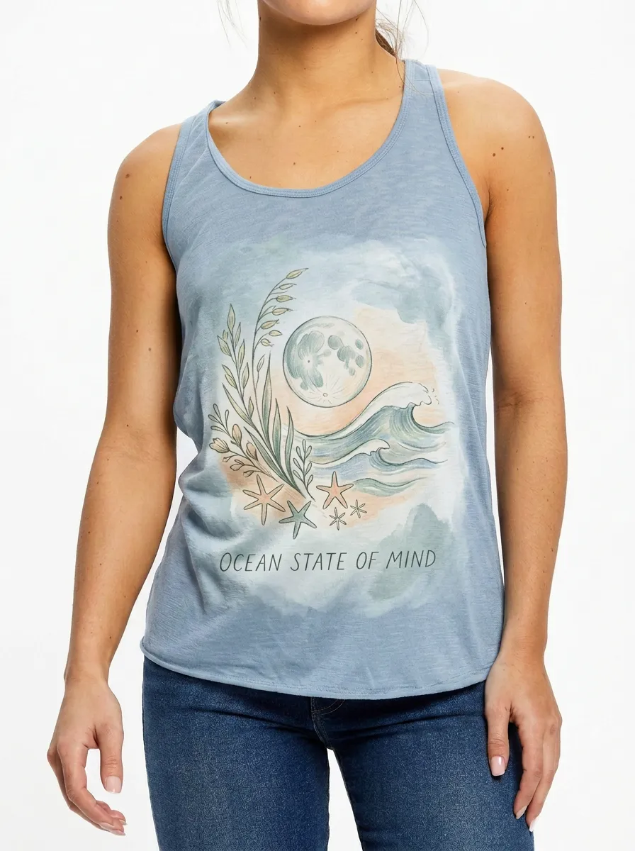 Women's Beach Lover Ocean State of Mind Moon Wave Printed Tank Top