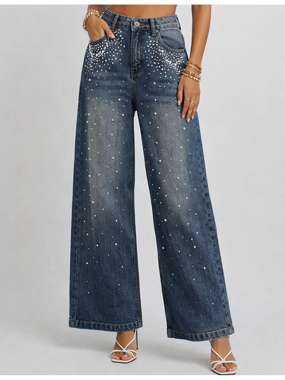 Faux Pearl Button Waist Wide Leg Denim Pants