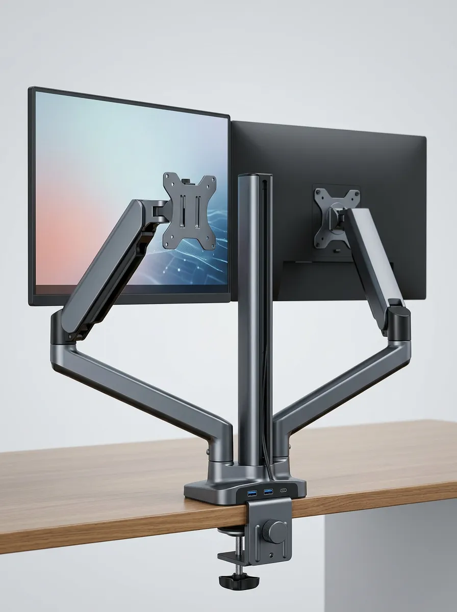 Office Worker Dual Monitor Setup Adjustable Arm Computer Accessory