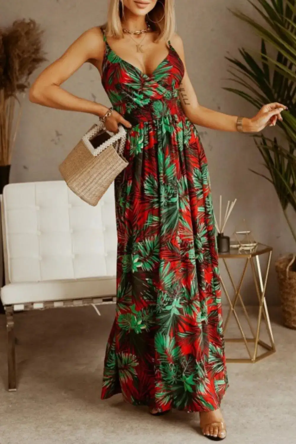 Classic Smocked Spaghetti-Strap Printed Maxi Dress