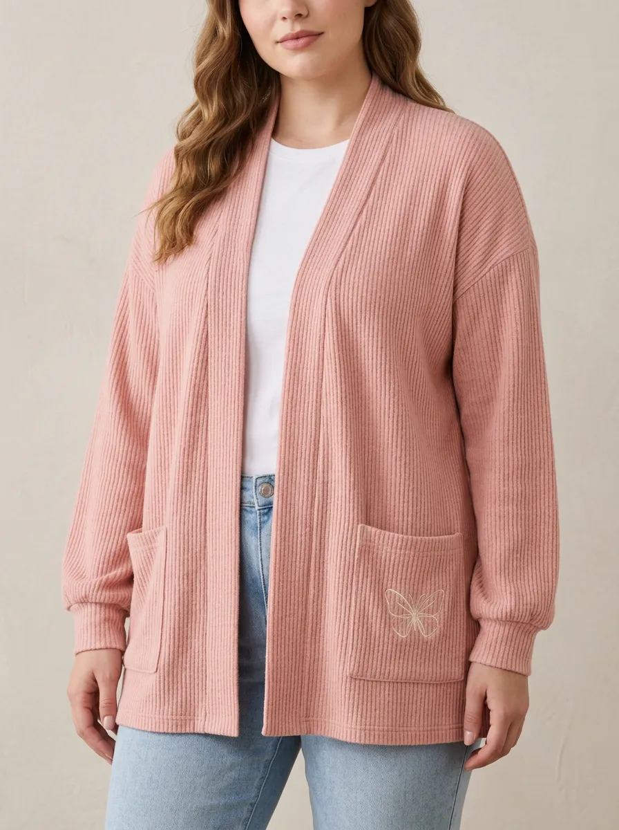 Pink Butterfly Embroidered Ribbed Cardigan