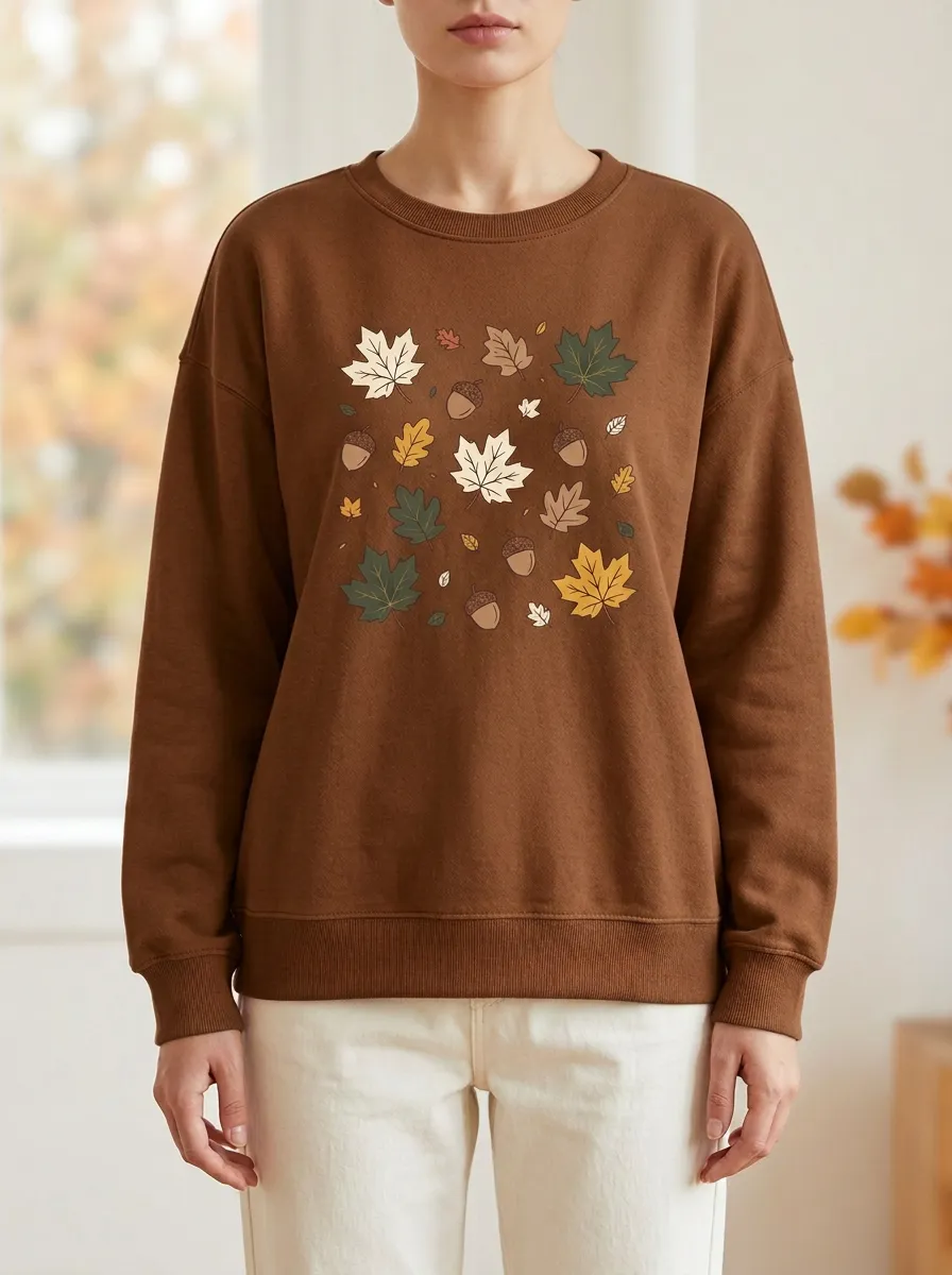 Textured Motif Maple-Leaf Printed Acorn Graphic Sweatshirt