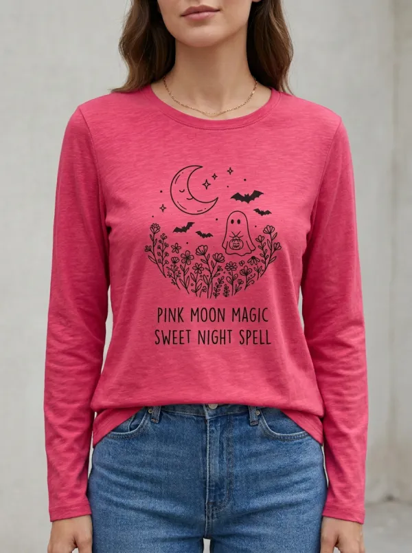 Ghost Moon Floral Halloween Cotton Linen Long Sleeve Top