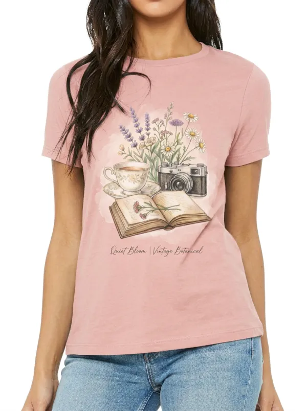 Women's Book Tea Camera Lover Vintage Botanical Printed T-shirt