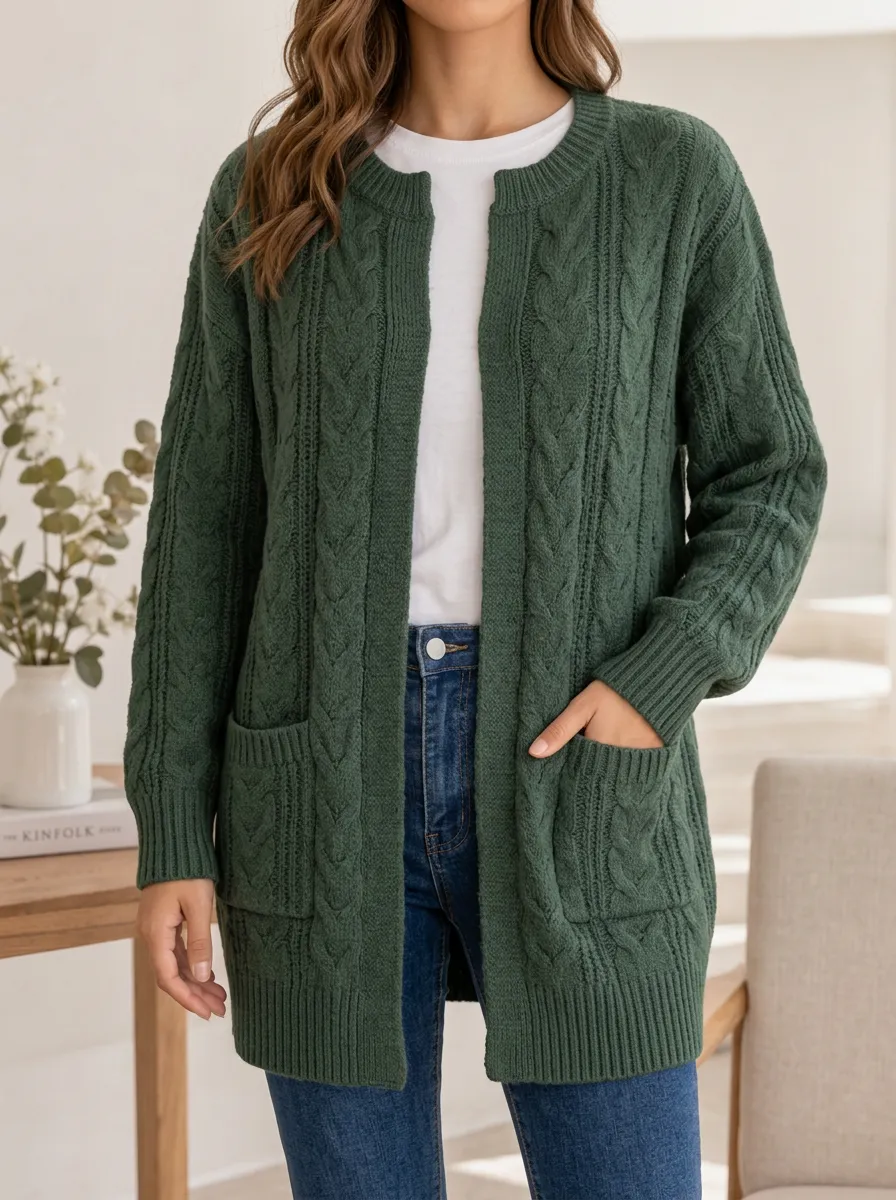 Women's Cable Knit Open Front Longline Cardigan