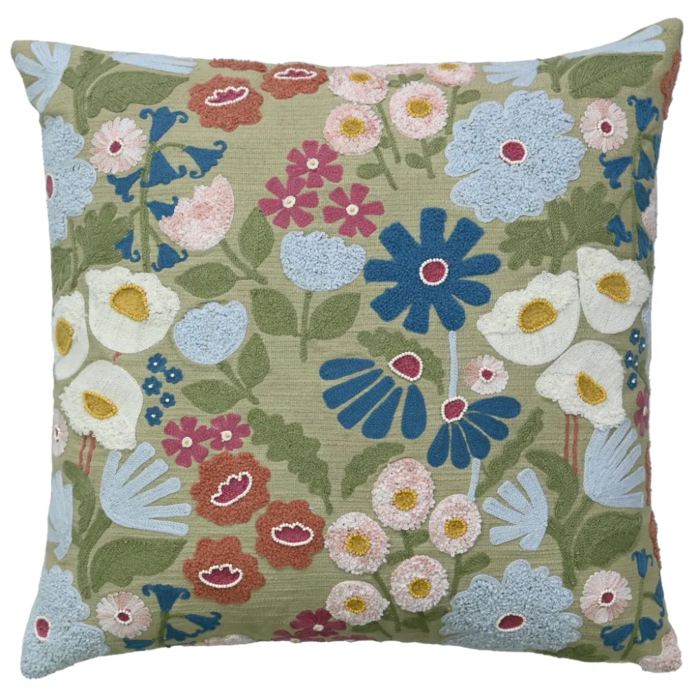 Hand Embroidered Floral Botanical Cotton Square Decorative Cushion Cover