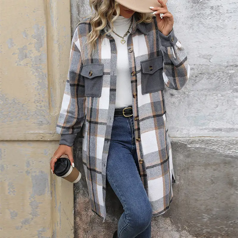 Women's Chic Shirt Plaid Button-Detail Outwear
