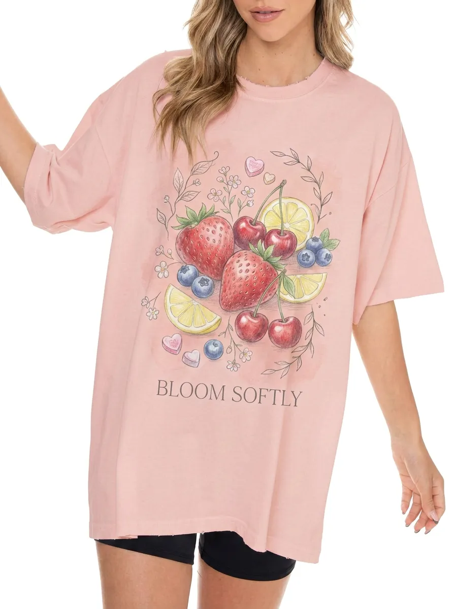 Women's Bloom Softly Fruit Strawberry Cherry Printed T-shirt