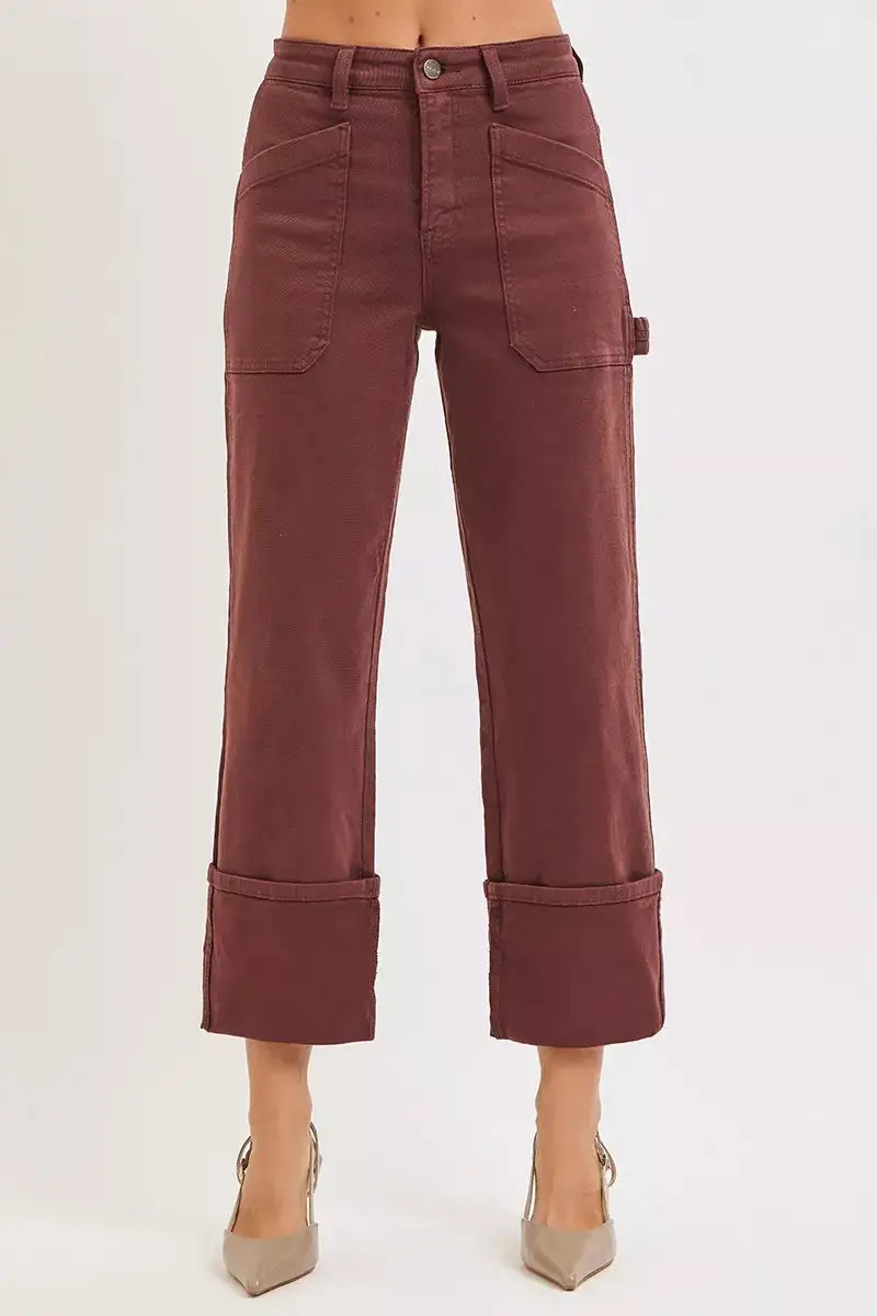 Full Size High Rise Wide Straight Cuffed Patch Jeans Plus Size