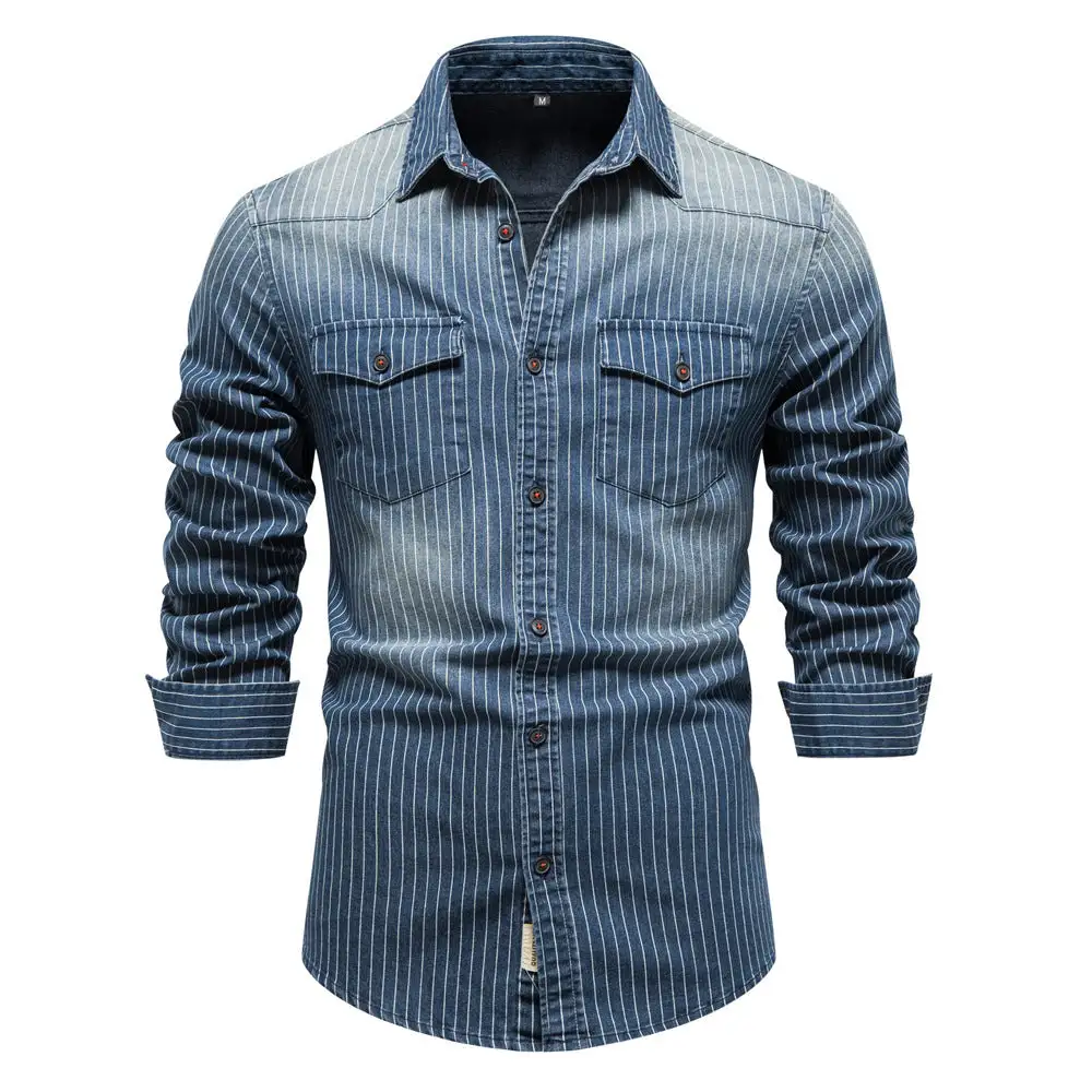 Men's Tailored Long-Sleeve Denim Shirt With Pinstripes And Patch Pockets