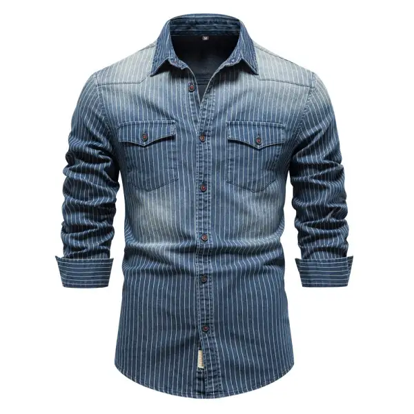 Men's Tailored Long-Sleeve Denim Shirt With Pinstripes And Patch Pockets